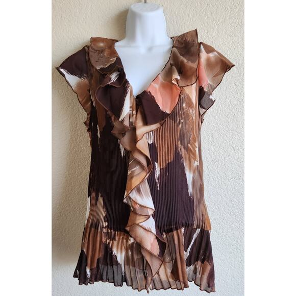 Cato Brown Peach Accordion Pleated Button Ruffled Top XL Short Capped Sleeve - Picture 1 of 5